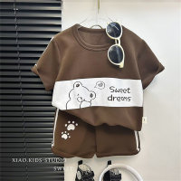 Costume rayé à manches courtes pour enfants, t-shirt pour filles et garçons, vêtements d'été pour bébés, vêtements de style coréen, nouvelle collection 2024  marron
