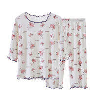 Ice silk pajamas for middle and large children, girls' home clothes suits, casual summer thin air-conditioning clothes, printed loose two-piece suits  White