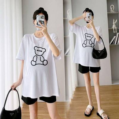 Pregnant women summer suit fashionable T-shirt top short sleeve loose pregnant women belly support wide leg shorts two-piece suit for going out