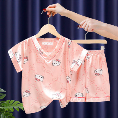 2024 New Ice Silk Pajamas Short Sleeve Shorts Satin Girls Boys Cartoon Summer Air Conditioning Home Clothes