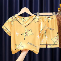 2024 New Ice Silk Pajamas Short Sleeve Shorts Satin Girls Boys Cartoon Summer Air Conditioning Home Clothes  Yellow