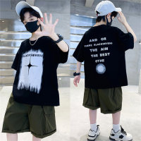 Boys English letter summer suit 2024 new style medium and large children's short-sleeved shorts casual trendy children's two-piece suit thin  Black