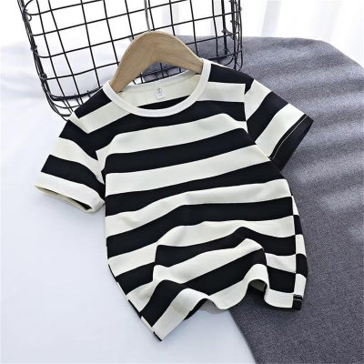 Children's short-sleeved striped T-shirt niche new summer clothes for boys and girls half-sleeved children's clothing trendy loose round neck top T