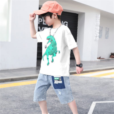 T-shirt da ragazzo a maniche corte, completo da dinosauro, casual, in due pezzi
