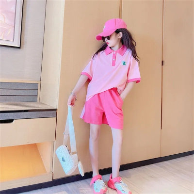 Girls Summer Sports Suit 2024 New Style Western Style Medium and Big Children Summer Internet Celebrity Short-Sleeved Shorts College Two-piece Set