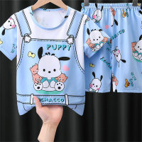 Novo estilo meninas pijamas crianças meninos verão novo fino de manga curta grandes crianças roupas de casa menina terno  Azul claro