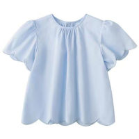 New arrival children's clothing girls parent-child style Japanese style solid color flower pure cotton short-sleeved top round neck small shirt  Light Blue
