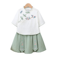 Hanfu girls summer thin Chinese style super fairy skirt middle child retro Tang suit little girl suit children two-piece suit  Green