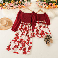 Mom baby Clothes Floral Printed Lace Slash Neck Lantern Sleeve Dress  Red