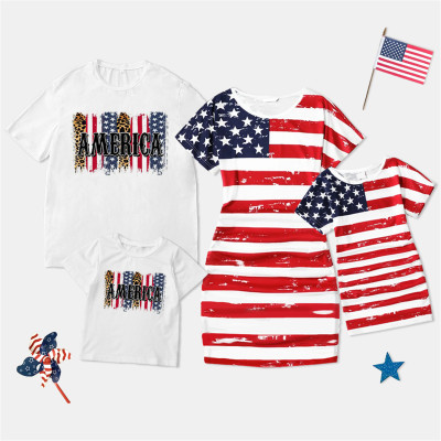 Family Matching Independence Day Pattern Print Dress and T-shirt