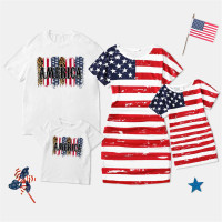 Family Matching Independence Day Pattern Print Dress and T-shirt  Multicolor