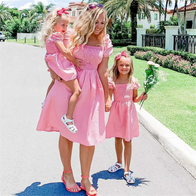 Sweet Solid Color Puff Sleeve Dress for Mom and Me