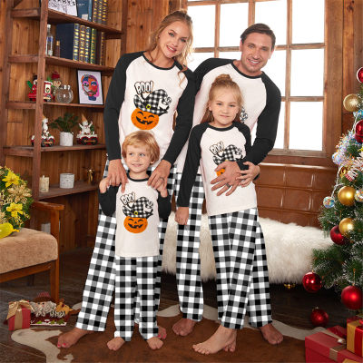 Family Clothing Halloween Cartoon Printed Plaid Patchwork Sweater & Pants Pajamas