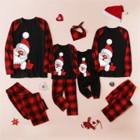 Family Clothing Color-block Christmas Santa Claus Printed Long Sleeve Top & Plaid Pants  Black