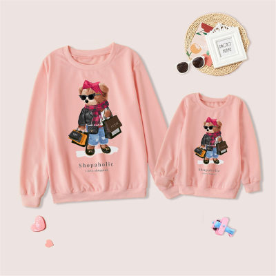 Mom and Me Solid Color Cartoon Bear Printed Long Sleeve T-shirt