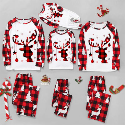 Family Matching Christmas Deer Printed Plaid Sleeve Top & Allover Deer and Tree Printed Plaid Pants & Jumpsuit