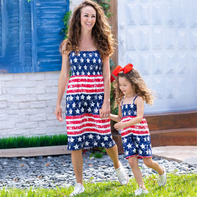 Causal Independence Day Pattern Print Sleeveless Dress for Mom and Me