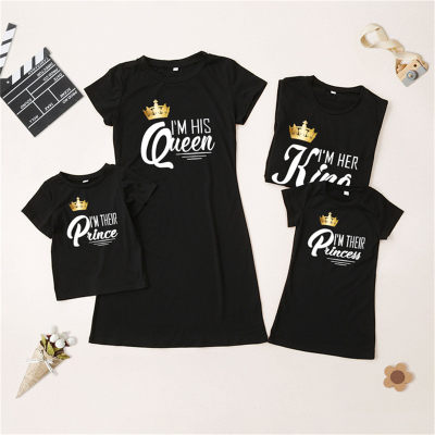 Family Matching Causal Letter Print Short Sleeve Dress and T-shirt