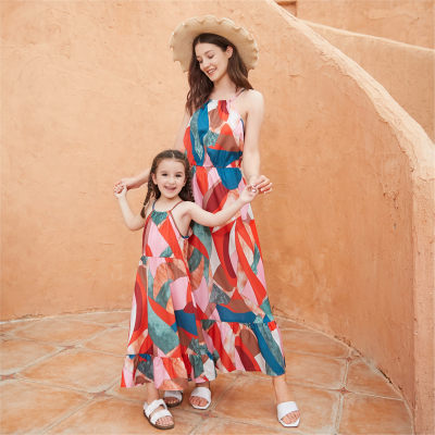 Sweet Color-block Print Sleeveless Dress for Mom and Me