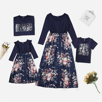Family Matching Floral Print Long Sleeve Dress and T-shirt
