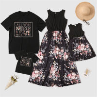 Family Clothing Floral Print Sleeveless Dress and T-shirt  Black