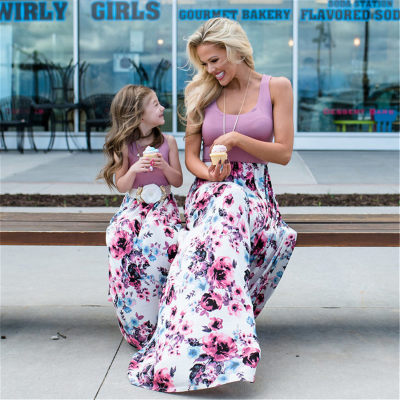 Elegant Floral Print Sleeveless Dress for Mom and Me