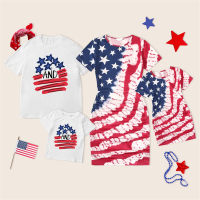 Family Matching Independence Day Pattern Print Dress and T-shirt  Multicolor