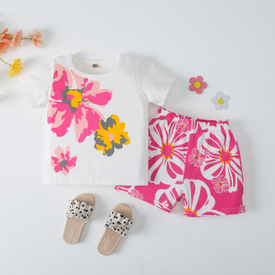 Pyjama à fleurs décontracté en coton pour toute-petite fille ensembles haut et short