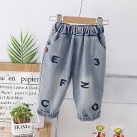 Boys' pants spring and autumn style children's style denim trousers 2024 new baby casual embroidered jeans  Black