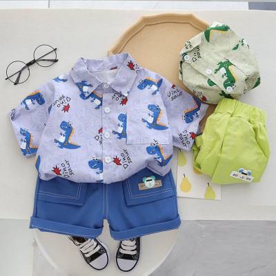 2-piece Toddler Boy Allover Dinosaur Printed Short Sleeve Shirt & Solid Color Shorts