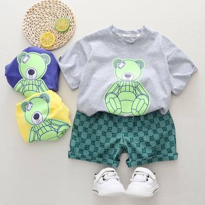 2-piece Toddler Boy Pure Cotton Bear Printed Short Sleeve T-shirt & Plaid Shorts