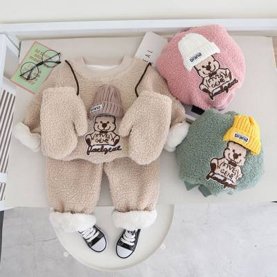 3-piece Toddler Boy Casual Bear Grain Velvet Thickened Winter Top & Pants With Gloves