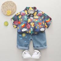 Camisa de manga corta y pantalones de mezclilla con estampado de dinosaurios de algodón puro para niños pequeños de 2 piezas  gris