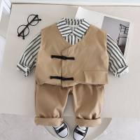 3-piece Toddler Boy Gentleman Striped Long Sleeve Shirt & Solid Color Button Up Waistcoat & Matching Pants  Khaki