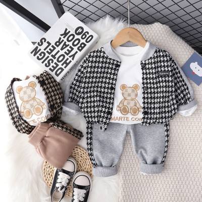 3-piece Toddler Boy Letter and Bear Printed Top & Houndstooth Button-up Jacket & Matching Pants