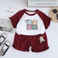 Children's short-sleeved two-piece suit new summer short-sleeved suit cartoon color matching T-shirt  Burgundy