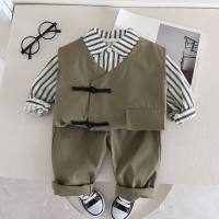 3-piece Toddler Boy Gentleman Striped Long Sleeve Shirt & Solid Color Button Up Waistcoat & Matching Pants  Deep Green