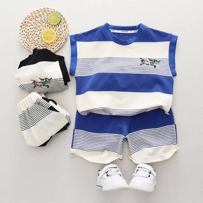 2-piece Toddler Boy Color-block Striped Embroidery Vest & Mathcing Shorts