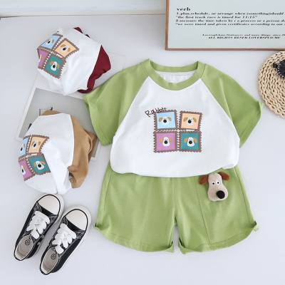 Children's short-sleeved two-piece suit 2024 new arrival cute baby summer short-sleeved suit cartoon color matching T-shirt