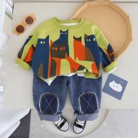 2-piece Toddler Boy Cat Print Long Sleeve T-shirt & Casual Jeans  Green