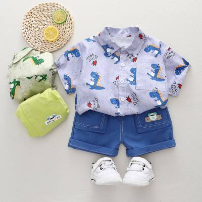 2-piece Toddler Boy Pure Cotton Allover Dinosaur Printed Short Sleeve Shirt & Denim Shorts