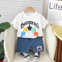 Boys summer suits 2024 new print cartoon cute short-sleeved shorts boys and girls baby clothes children's clothing trend  White