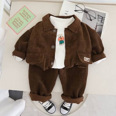 3-piece Toddler Boy Bear Printed Top & Corduroy Solid Color Button-up Jacket & Matching Pants