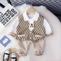 3-piece Toddler Boy Solid Colorlapel T-shirt Collocation Bear Tie &Plaid Printed Waistcoat & Casual Pants  Camel