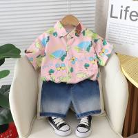 Boys summer suit new style children's clothing baby boy summer dinosaur short-sleeved shirt two-piece suit  Pink