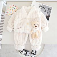 2-Piece Toddler Girl Bear Furry Thickened Winter Tops & Pants  White