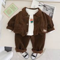 3-piece Toddler Boy Bear Printed Top & Corduroy Solid Color Button-up Jacket & Matching Pants  Brown