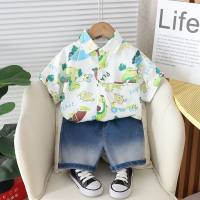 Boys summer suits 2024 new style baby children's clothing stylish boy summer dinosaur short-sleeved shirt two-piece suit  White