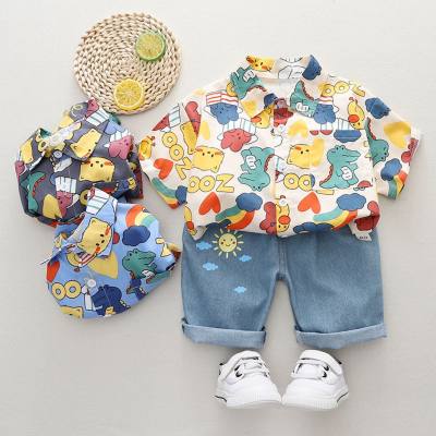 Camisa de manga corta y pantalones de mezclilla con estampado de dinosaurios de algodón puro para niños pequeños de 2 piezas