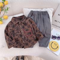 2-piece Toddler Boy Printed Long-sleeved Shirt &Solid Colored Pants  Chocolate